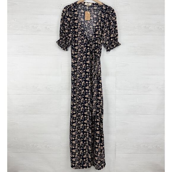 Natural Life Sophia Wrap Midi Dress Size Medium Black Leaf Print Boho Elegant - Picture 15 of 16